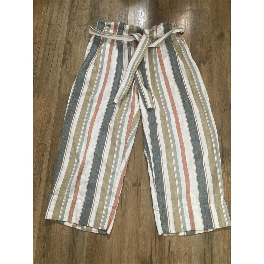 Madewell Linen Blend Tie Waist Huston Striped Pull On Pants Size L Wide Leg